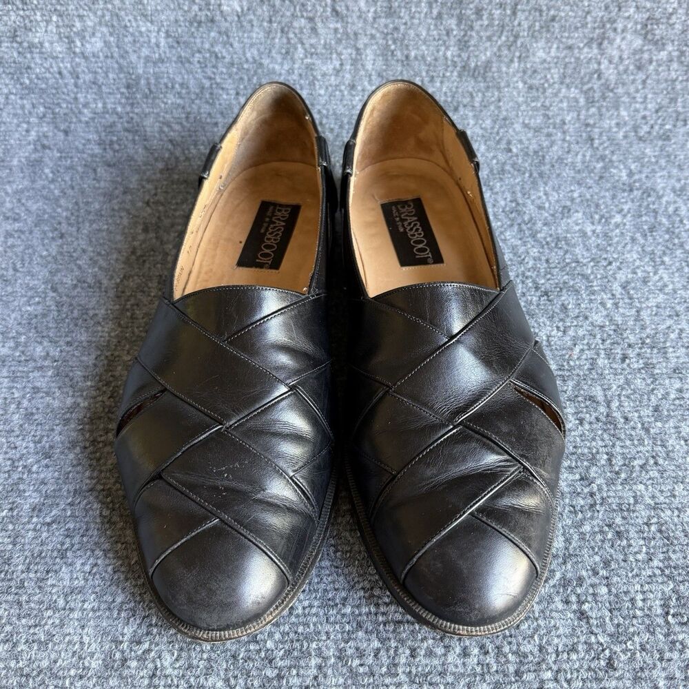 Brassboot Made in Spain Fisherman Shoes Mens 10 M Black Leather Woven Slip On - Picture 5 of 15